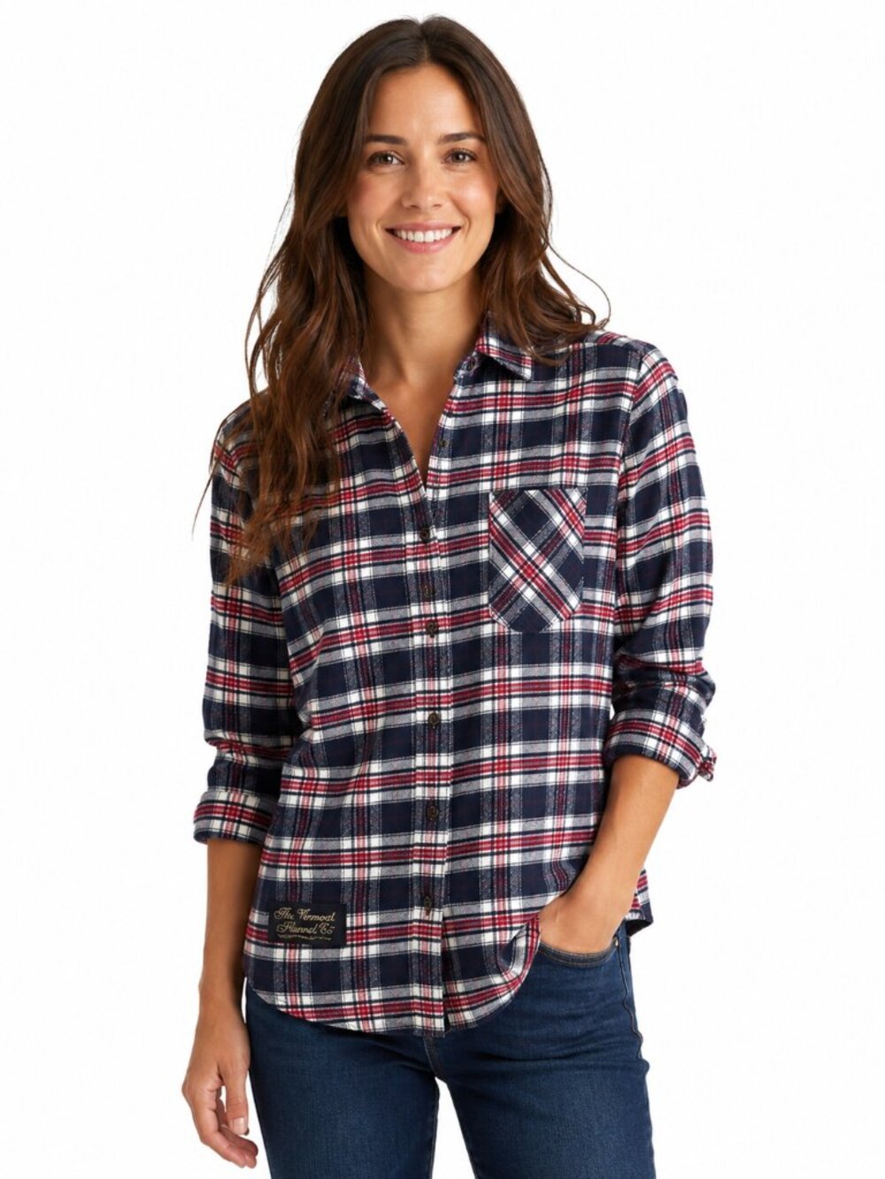 Vermont Flannel Co Navy Red White Plaid Shirt Small Made in USA Cotton
